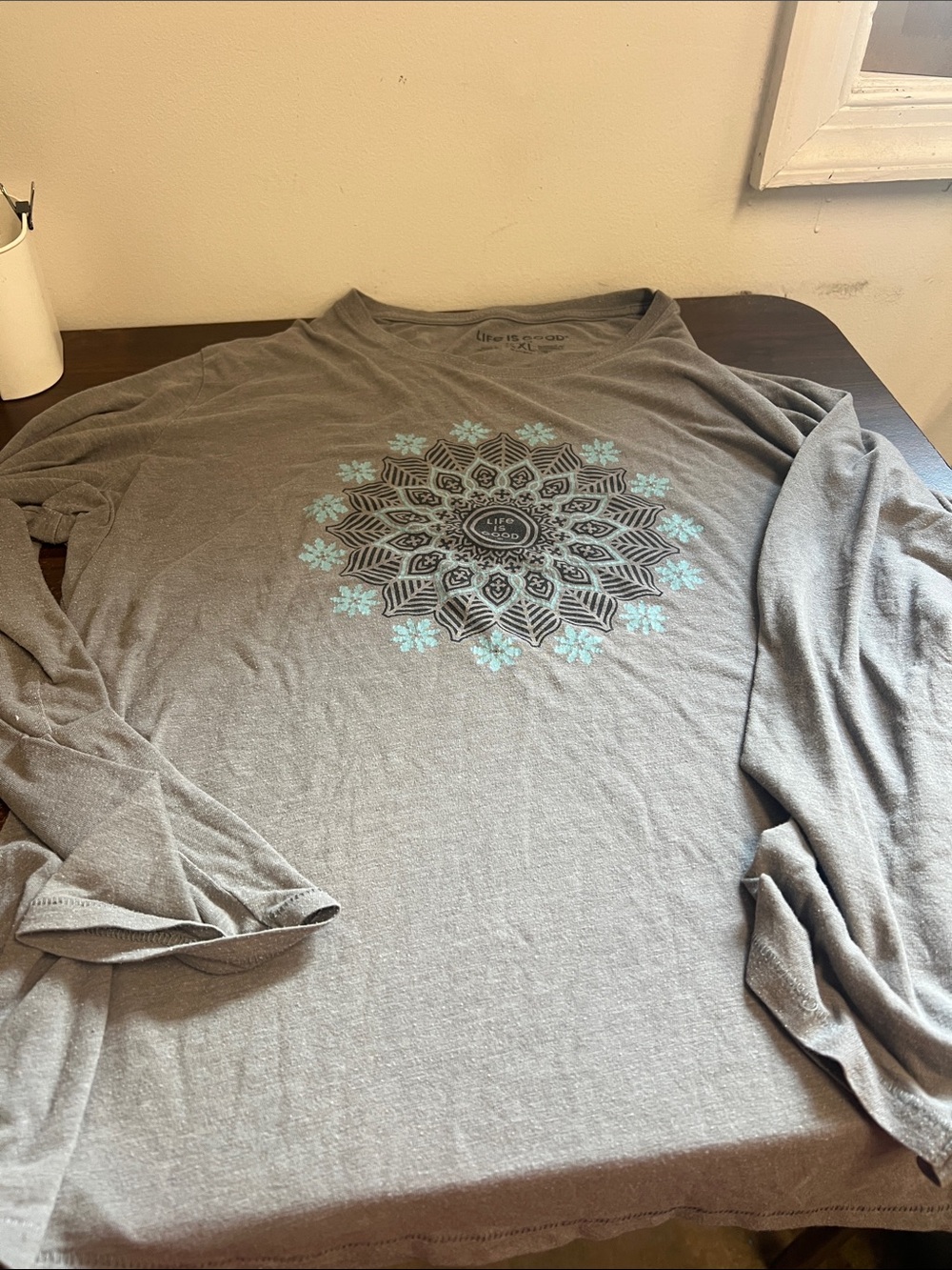 Life Is Good Women’s Gray Long-Sleeve Shirt with Teal Mandala Graphic